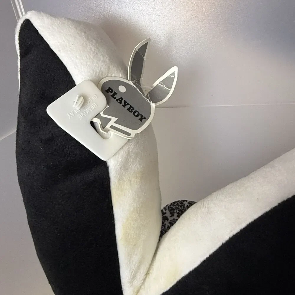 Vintage 2003 Playboy Bunny Head Shaped Pillow Black White Plush w/ Tags, Y2K